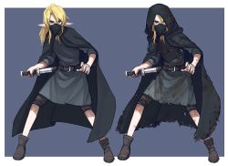 Rule 34 | 1girl, belt, black robe, blonde hair, border, brown belt, brown footwear, cloak, commentary, commission, dirty, dirty clothes, drawing sword, english commentary, grey cloak, highres, holding, holding sword, holding weapon, hood, hood up, hooded robe, legs apart, long hair, looking at viewer, mask, mouth mask, multiple views, original, pointy ears, ponytail, popopoka, robe, shoes, standing, sword, torn cloak, torn clothes, torn robe, v-shaped eyebrows, weapon, white border