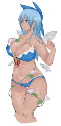 Rule 34 | 1girl, :/, absurdres, bikini, blue eyes, blue hair, bow, breasts, cirno, commentary, curvy, dark skin, dark-skinned female, flower, hair bow, hidden star in four seasons, highres, hip focus, ice, ice wings, jitome, large breasts, long hair, morning glory, navel, aged up, pushun (muteki), short hair, solo, strap pull, sweat, swimsuit, tan, tanline, tanned cirno, touhou, wings