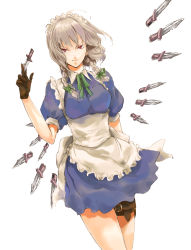 Rule 34 | 1girl, bad id, bad pixiv id, braid, female focus, gloves, izayoi sakuya, knife, maid, meumiharagane, red eyes, short hair, silver hair, solo, embodiment of scarlet devil, throwing knife, touhou, twin braids, weapon