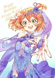 Rule 34 | 1girl, blue dress, blush, breasts, character name, colored tips, dated, detached sleeves, dress, earrings, flower, foreshortening, freyja wion, green eyes, hair between eyes, hair flower, hair ornament, heart, heart hair ornament, highres, jewelry, looking at viewer, macross, macross delta, macross delta: zettai live!!!!!!, multicolored hair, nail polish, purple flower, purple nails, shiro (super-altair), short hair, single earring, sleeves past wrists, small breasts, smile, solo, streaked hair