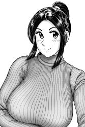 Rule 34 | 1girl, absurdres, black eyes, black hair, breasts, closed mouth, female focus, head tilt, high ponytail, highres, isowashi haya, ken buntei, kochikame, large breasts, light smile, looking at viewer, monochrome, one side up, simple background, smile, solo, sweater, turtleneck, turtleneck sweater, upper body, white background