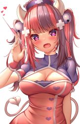 Rule 34 | 1girl, :d, bell, blunt bangs, blush, breasts, brown hair, cleavage, cleavage cutout, clothing cutout, cross hair ornament, demon tail, fang, hair bell, hair ornament, hat, heart, heart-shaped pupils, highres, holding, holding syringe, horns, ironmouse, jingle bell, kaptivate, large breasts, long hair, looking at viewer, multicolored hair, nurse cap, open mouth, puffy short sleeves, puffy sleeves, purple eyes, red hair, short sleeves, simple background, smile, solo, streaked hair, symbol-shaped pupils, syringe, tail, twintails, two-tone hair, upper body, virtual youtuber, vshojo, white background, wrist cuffs