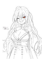 Rule 34 | :d, blush, breasts, china dress, chinese clothes, chinese knot, coat, dress, earrings, goddess of victory: nikke, greyscale, hand on own hip, highres, jewelry, kadiel, large breasts, lineart, long hair, long sleeves, looking over eyewear, monochrome, moran (nikke), one eye closed, open mouth, red eyes, signature, smile, spot color, sunglasses, tassel, tassel earrings, twitter username, waving