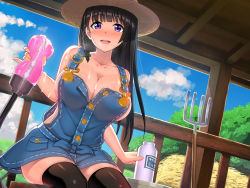 Rule 34 | 1girl, artificial vagina, black hair, black thighhighs, bottle, braid, breasts, cleavage, cloud, cum, day, denim, dutch angle, farm, hat, hay, haystack, large breasts, long hair, looking at viewer, milk bottle, naked overalls, no bra, open mouth, original, overall skirt, overalls, pitchfork, purple eyes, sex toy, side braid, sideboob, single braid, sitting, sky, smile, solo, straw hat, sweat, thighhighs, umihal, zettai ryouiki