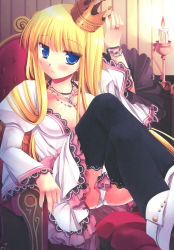 Rule 34 | 1990s (style), 1girl, absurdres, black thighhighs, blonde hair, blue eyes, bracelet, breasts, candle, candlestand, celes chere, chair, cleavage, crossed legs, crown, final fantasy, final fantasy vi, highres, image sample, jewelry, large breasts, miyasu risa, necklace, panties, retro artstyle, sitting, solo, thighhighs, underwear, white panties