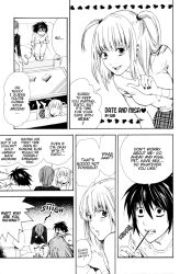 Rule 34 | 00s, 2boys, amane misa, bags under eyes, comic, death note, food, greyscale, hard-translated, heart, l (death note), monochrome, multiple boys, pocky, third-party edit, translated, yagami light