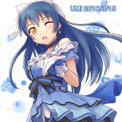 Rule 34 | 1girl, b.ren, bare shoulders, blue hair, bow, choker, dress, earrings, gloves, hair between eyes, hair bow, hair ornament, highres, jewelry, kira-kira sensation!, long hair, looking at viewer, love live!, love live! school idol project, one eye closed, open mouth, smile, solo, sonoda umi, yellow eyes