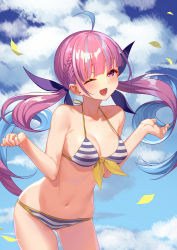 Rule 34 | 1girl, ahoge, aqua hair, bikini, blue sky, blush, bowler hat, braid, breasts, brown hat, chinese commentary, cleavage, cloud, cloudy sky, collarbone, colored inner hair, commentary request, cowboy shot, day, drill hair, eyelashes, french braid, frostcyco, half-closed eye, halterneck, hat, highres, hololive, leaf, long hair, looking at viewer, medium breasts, midriff, minato aqua, minato aqua (hololive summer 2019), multicolored hair, nail polish, navel, one eye closed, open mouth, outdoors, partial commentary, purple eyes, purple hair, sky, smile, solo, streaked hair, striped bikini, striped clothes, swimsuit, thighs, twin drills, twintails, two-tone hair, unworn hat, unworn headwear, virtual youtuber, wind