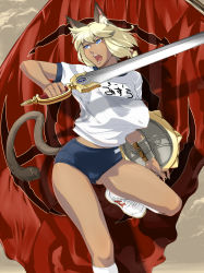 00s 1girl animal_ears blonde_hair blue_eyes breasts buruma cat_ears cat_girl cat_tail female_focus final_fantasy final_fantasy_xi gym_uniform highres mithra_(ff11) outdoors schelz shield sky solo sword tail weapon