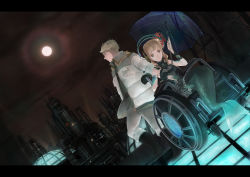 Rule 34 | 1boy, 1girl, black footwear, black gloves, blonde hair, blunt bangs, boots, breasts, brown hair, city, coat, coral, couple, cuffs, dress, dutch angle, factory, full moon, fur-trimmed coat, fur trim, gloves, hair ornament, halterneck, headphones, holding, holding umbrella, lens flare, letterboxed, light rays, light smile, looking at viewer, looking away, medium breasts, mermaid, monster girl, moon, multicolored eyes, night, night sky, no pupils, open clothes, open coat, original, outdoors, pants, profile, ririnra, rooftop, scales, see-through, sitting, sky, sleeveless, sleeveless dress, umbrella, wheelchair, white coat, white pants, wrist cuffs