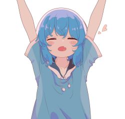 Rule 34 | 1girl, aoi tori, arms up, blue hair, blue hoodie, blush, blush stickers, closed eyes, collarbone, commentary, dot nose, drawstring, facing viewer, fang, flat chest, heart, highres, hood, hood down, hoodie, medium hair, open mouth, original, outstretched arms, short sleeves, sidelocks, simple background, skin fang, solo, teru-chan (aoi tori), upper body, white background