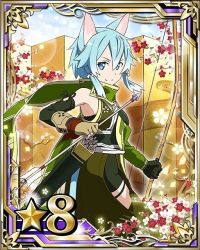 Rule 34 | 10s, 1girl, animal ears, armpits, arrow (projectile), asymmetrical gloves, blue eyes, blue hair, bow (weapon), brown gloves, card (medium), cat ears, cat tail, detached sleeves, fingerless gloves, gloves, green scarf, hair between eyes, hair ribbon, holding, holding weapon, looking at viewer, matching hair/eyes, ribbon, scarf, short hair, short hair with long locks, sinon, sinon (sao-alo), smile, solo, star (symbol), sword art online, tail, uneven gloves, weapon, white ribbon