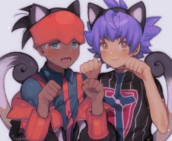 Rule 34 | 2boys, aged down, animal ears, black hair, blush, cat boy, cat ears, cat tail, champion uniform, chariko, clenched hands, closed mouth, collared shirt, commentary request, creatures (company), dark-skinned male, dark skin, game freak, grey background, hands up, headband, leon (pokemon), male focus, multiple boys, nintendo, open mouth, orange headband, pokemon, pokemon swsh, purple hair, raihan (pokemon), shield print, shirt, short hair, short sleeves, simple background, smile, sweat, sword print, tail, teeth, textless version, tongue, undercut, yellow eyes