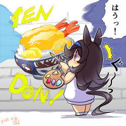 Rule 34 | 1girl, ^^^, alternate costume, animal ears, black hair, brick wall, chibi, clothing cutout, commentary request, dated, donburi, food, graffiti, hairband, highres, hisahiko, holding, holding paintbrush, horse ears, horse girl, horse tail, long hair, paintbrush, palette (object), partial commentary, purple eyes, rice shower (umamusume), signature, solo, speech bubble, stomach growling, swept bangs, tail, tail through clothes, tempura, translation request, umamusume