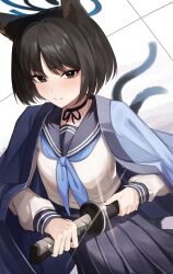 1girl absurdres animal_ears bakeneko black_eyes black_hair black_nails black_ribbon blue_archive blue_halo blue_haori blue_neckerchief blue_sailor_collar blue_skirt blush cat_ears choker closed_mouth commentary_request cowboy_shot drawing_sword halo haori highres holding holding_sword holding_weapon japanese_clothes katana kikyou_(blue_archive) looking_at_viewer multiple_tails nail_polish neckerchief nekomata oiru_(613) ribbon ribbon_choker sailor_collar school_uniform serafuku shirt short_hair skirt solo sword tail two_tails weapon white_background white_shirt