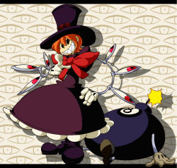 Rule 34 | 1girl, avata, bomb, boots, bow, dress, explosive, eye socket, gloves, grin, hat, lenny the bomb, mechanical arms, no pupils, orange hair, peacock (skullgirls), pointing, pointing at viewer, purple dress, sharp teeth, sitting, skullgirls, smile, standing, teeth, top hat, white gloves
