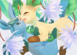 Rule 34 | brown eyes, commentary request, creatures (company), crying, eye contact, fangs, flower, from side, game freak, gen 4 pokemon, glaceon, green eyes, kikuyoshi (tracco), leafeon, looking at another, nintendo, no humans, open mouth, pokemon, pokemon (creature), purple flower, tears, toes, tongue, water drop