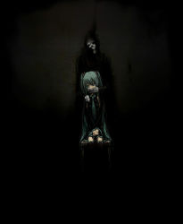 Rule 34 | 1girl, aqua eyes, aqua hair, bare shoulders, chair, cloak, covering face, covering own mouth, covering privates, death (entity), detached sleeves, empty eyes, grim reaper, hatsune miku, hood, long hair, necktie, sitting, skirt, skull, thighhighs, toi (number8), twintails, very long hair, vocaloid