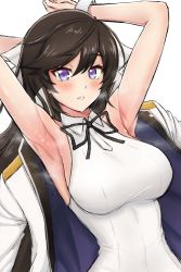 Rule 34 | 1girl, armpits, arms up, black ribbon, blush, breasts, brown hair, counter:side, eyelashes, hair between eyes, highres, jacket, unworn jacket, large breasts, looking at viewer, minorchara, office lady, parted lips, presenting armpit, purple eyes, ribbon, shin jia, sidelocks, simple background, sleeveless, smell, steam, steaming body, sweat, white background, wrist cuffs