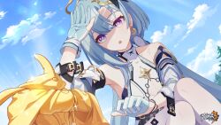 Rule 34 | 1girl, :o, aged up, arm up, blue hair, blue sky, chinese commentary, earrings, figure, griseo, griseo (cosmic expression), highres, honkai (series), honkai impact 3rd, jewelry, light blue hair, logo, long hair, official art, official wallpaper, open mouth, outdoors, purple eyes, sky, tree