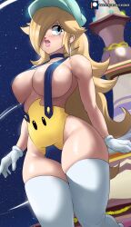 Rule 34 | 1girl, absurdres, blonde hair, blue eyes, blush, breasts, comet observatory, earrings, echo saber, gloves, hair over one eye, hat, highres, jewelry, large breasts, lips, long hair, luma (mario), mario (series), nintendo, rosalina, sky, slingshot swimsuit, solo, star (sky), star (symbol), star earrings, starry sky, super mario galaxy, swimsuit, thighhighs, very long hair, white gloves, white thighhighs