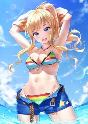 Rule 34 | 1girl, armpits, arms up, bare shoulders, bead necklace, beads, belt, bikini, blonde hair, blue eyes, blue sky, blush, breasts, cleavage, clothes lift, collarbone, day, denim, denim shorts, halterneck, hip focus, idolmaster, idolmaster cinderella girls, jewelry, large breasts, long hair, looking at viewer, navel, necklace, ocean, ohtsuki yui, open belt, open mouth, ponytail, shirt lift, short shorts, shorts, sidelocks, sky, smile, solo, string bikini, striped bikini, striped clothes, sunlight, swept bangs, swimsuit, takeashiro, thighs, unbuckled, unbuttoned, unzipped, wavy hair, zipper, zipper pull tab