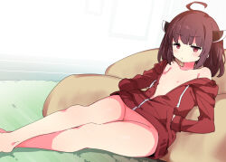 Rule 34 | 1girl, ahoge, bare shoulders, barefoot, bean bag chair, blush, bottomless, breasts, brown hair, carpet, crossed legs, frown, groin, hair ornament, hands in pockets, jacket, looking at viewer, lying, naked jacket, on back, petenshi (dr. vermilion), red eyes, small breasts, solo, sweatdrop, touhoku kiritan, voiceroid