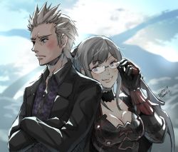 Rule 34 | 10s, 1boy, 1girl, 2017, adjusting eyewear, aranea highwind, armor, bad id, bad pixiv id, bespectacled, blush, borrowed clothes, breasts, cleavage, dated, unworn eyewear, eyewear switch, final fantasy, final fantasy xv, frown, glasses, green eyes, grey hair, hetero, ignis scientia, isakawa megumi, large breasts, leaning on person, leaning to the side, purple eyes, signature, swept bangs