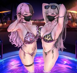 2girls absurdres adjusting_hair arm_strap armpits arms_behind_head asymmetrical_docking bikini black_hair black_mask blush braid breast_press breasts cleavage commentary earrings eyewear_on_head grey_hair hanabusa_lisa highres jewelry large_breasts long_hair mask mouth_mask multicolored_hair multiple_girls navel night night_sky parted_lips pink_hair sanuki_(kyoudashya) side-tie_bikini_bottom sky smile split-color_hair sunglasses swimsuit tachibana_hinano_(vtuber) thigh_strap variant_set virtual_youtuber vspo! wading_pool