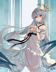 Rule 34 | 1girl, absurdres, alternate costume, arknights, black choker, blue nails, breasts, choker, cleavage, closed mouth, collarbone, cube (cuberoot-of-e), dress, feet out of frame, grey hair, hair between eyes, halo, hands on own chest, highres, laurel crown, layered dress, looking at viewer, medium breasts, nail polish, off-shoulder dress, off shoulder, own hands together, red eyes, short sleeves, smile, solo, specter (arknights), standing, white dress