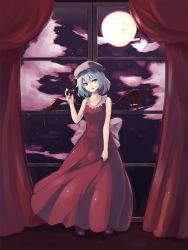 Rule 34 | 1girl, alcohol, alternate costume, bare shoulders, cloud, cup, curtains, dress, drinking glass, floor, full moon, hat, highres, light purple hair, long dress, looking at viewer, mob cap, moon, night, night sky, rean (r ean), red dress, red eyes, remilia scarlet, short hair, sky, smile, touhou, window, wine, wine glass, wings