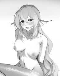 Rule 34 | 1girl, armpit crease, arms behind back, blush, bound, bound arms, breasts, collarbone, commentary, completely nude, english commentary, finana ryugu, fins, furrowed brow, hair between eyes, head fins, long hair, looking at viewer, medium breasts, mermaid, monochrome, monster girl, navel, nijisanji, nijisanji en, nipples, nude, open mouth, restrained, scales, solo, sweatdrop, very long hair, virtual youtuber, wakame smh