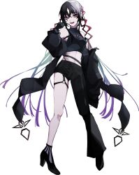 Rule 34 | 1girl, absurdres, asymmetrical pants, bass clef, belt, black coat, black gloves, black hair, black shirt, blue hair, braid, coat, crop top, facial tattoo, fuiro, full body, gloves, gradient hair, hands up, headset, high heels, highres, long hair, looking at viewer, midriff, multicolored hair, navel, o-ring, o-ring thigh strap, off shoulder, official art, open mouth, orihara (ewkkyorhr), purple hair, red eyes, red hair, ringed eyes, shirt, single bare leg, sleeveless, sleeveless shirt, smile, solo, standing, tattoo, thigh strap, third-party source, transparent background, triangle ring, very long hair, vocaloid, white hair