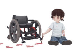 Rule 34 | 1girl, brown hair, child, dot nose, elainma, footprints, highres, holding, looking down, on ground, original, painting (action), pants, red eyes, shirt, short hair, simple background, solo, t-shirt, wheelchair