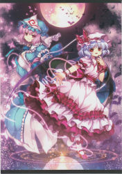 Rule 34 | 2girls, ascot, bat (animal), bat wings, blue hair, bow, bug, butterfly, capura lin, dress, fang, frills, hand on own chest, hat, hat ribbon, highres, bug, japanese clothes, long sleeves, looking at viewer, mob cap, moon, multiple girls, open mouth, pink eyes, pink hair, puffy sleeves, red eyes, remilia scarlet, ribbon, saigyouji yuyuko, scan, short hair, smile, touhou, triangular headpiece, veil, wavy hair, wings, wrist cuffs