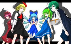 Rule 34 | &gt;:d, 5girls, :d, :o, androgynous, animal ears, antennae, arm garter, arms behind back, ascot, blonde hair, blue dress, blue eyes, blue hair, bow, cape, cirno, crossed arms, daiyousei, dress, dress shirt, fairy wings, feathers, frills, green eyes, green hair, hair bow, hand on own chest, hand on own hip, highres, letterboxed, light smile, long sleeves, looking at viewer, low wings, multiple girls, mystia lorelei, open mouth, pink eyes, pink hair, profile, red dress, red eyes, rumia, s-ghost, shadow, shirt, short hair, short sleeves, side ponytail, simple background, skirt, skirt set, smile, team 9 (touhou), touhou, v-shaped eyebrows, vest, white background, white shirt, winged hat, wings, wriggle nightbug