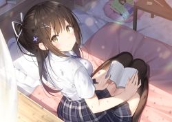 Rule 34 | 1girl, bed, blush, book, breasts, brown eyes, brown hair, brown thighhighs, closed mouth, collared shirt, commentary request, curtains, day, eraser, flower, frilled pillow, frills, from behind, grey skirt, hair flower, hair ornament, hair ribbon, hairclip, hatsuki kaname, indoors, long hair, looking at viewer, looking back, mechanical pencil, on bed, open book, original, pencil, pillow, plaid, plaid skirt, pleated skirt, ponytail, purple flower, ribbon, seiza, shirt, short sleeves, sidelocks, sitting, skirt, small breasts, smile, solo, table, thighhighs, white ribbon, white shirt