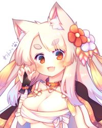 Rule 34 | 1girl, :d, animal ears, azur lane, blonde hair, blush, breasts, bridal gauntlets, brown eyes, cleavage, collar, fang, fingernails, flower, hair flower, hair ornament, heart, large breasts, light brown hair, long hair, looking at viewer, nail polish, open mouth, red collar, red flower, red nails, sakurato ototo shizuku, sarashi, signature, simple background, smile, solo, spiked collar, spikes, thick eyebrows, upper body, very long hair, white background, white flower, wolf ears, yuudachi (azur lane)