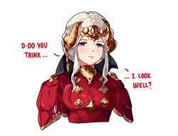 Rule 34 | 1girl, blush, braid, breasts, closed mouth, commentary, conope, crown, double bun, dress, earrings, edelgard von hresvelg, english commentary, english text, fire emblem, fire emblem: three houses, gold trim, hair ornament, horn ornament, horns, jewelry, lips, looking at viewer, medium breasts, nintendo, aged up, ornament, purple eyes, red dress, serious, short hair, signature, simple background, solo, white background, white hair