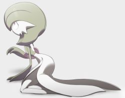 Rule 34 | 1girl, bob cut, colored skin, constricted pupils, creatures (company), female focus, flat chest, from side, game freak, gardevoir, gen 3 pokemon, green hair, green skin, grey background, hand up, kneeling, legs together, lotosu, multicolored skin, muted color, nintendo, open mouth, pokemon, pokemon (creature), profile, red eyes, short hair, simple background, solo, two-tone skin, white skin