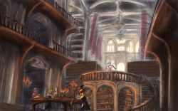 Rule 34 | 4girls, alice margatroid, bad id, bad pixiv id, banner, bat wings, black skirt, black vest, blonde hair, blouse, blue dress, bookshelf, candle, candlestand, capelet, ceiling, chandelier, day, dress, faux traditional media, flying buttress, from side, hat, highres, indoors, kirisame marisa, lfacras, library, long hair, mob cap, multiple girls, patchouli knowledge, pink shirt, puffy short sleeves, puffy sleeves, purple hair, railing, remilia scarlet, robe, shirt, short hair, short sleeves, skirt, skirt set, stairs, standing, table, touhou, vest, voile, window, wings, witch hat