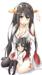 Rule 34 | 10s, 2girls, absurdres, adjusting hair, bare shoulders, black hair, black legwear, breasts, brown eyes, cleavage, cleavage cutout, clothing cutout, hairband, haruna (kancolle), highres, if they mated, kantai collection, long hair, medium breasts, mother and daughter, mouth hold, multiple girls, nontraditional miko, aged up, personification, saku (kudrove), skirt, smile, thighhighs, tying hair, aged down