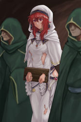 Rule 34 | 1girl, 2boys, absurdres, blurry, commission, depth of field, dress, faceless, faceless male, fire emblem, fire emblem: mystery of the emblem, fire emblem: shadow dragon and the blade of light, green robe, hazuki (nyorosuke), highres, hood, jewelry, lena (fire emblem), long dress, long hair, long sleeves, multiple boys, necklace, nintendo, red eyes, red hair, restrained, robe, skeb commission, solo focus, stocks, torn clothes, torn dress, veil, white dress, wide sleeves