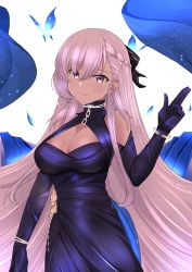 Rule 34 | 1girl, absurdres, alternate costume, azur lane, belfast (azur lane), belfast (the noble attendant) (azur lane), blue eyes, blush, braid, breasts, bug, butterfly, chain, cleavage, dress, elbow gloves, gloves, hair ribbon, halter dress, halterneck, hand up, highres, insect, jewelry, large breasts, long hair, looking at viewer, purple dress, ribbon, sidelocks, silver hair, smile, solo, tnr (horiko1525)