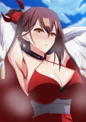 Rule 34 | 1girl, absurdres, armpits, arms behind head, azur lane, bare shoulders, blue sky, blush, breasts, brown hair, cleavage, cloud, collarbone, commentary request, criss-cross halter, day, dress, eyeliner, hair between eyes, hair ornament, halterneck, high ponytail, highres, japanese clothes, kimono, large breasts, long hair, looking at viewer, makeup, makiri akira, nose blush, open clothes, open kimono, parted lips, ponytail, red dress, sidelocks, sky, sleeveless, sleeveless dress, solo, standing, steam, sweat, upper body, very long hair, white kimono, wide sleeves, yellow eyes, zuikaku (azur lane)