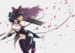 Rule 34 | black hair, blake belladonna, brown eyes, bush, dress, frown, holding, holding sword, holding weapon, long hair, rwby, solo, stomach, sword, thighhighs, v-shaped eyebrows, weapon