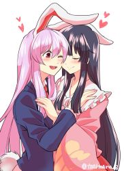 Rule 34 | 2girls, ;d, ^ ^, animal ears, artist name, black hair, black jacket, blazer, blunt bangs, blush, bow, cheek-to-cheek, closed eyes, closed mouth, collarbone, commentary request, dress, frilled shirt collar, frills, hair between eyes, hand on another&#039;s chest, hand on another&#039;s shoulder, heads together, heart, highres, hime cut, houraisan kaguya, jacket, japanese clothes, kimono, light purple hair, long hair, mana (gooney), multiple girls, necktie, one eye closed, open mouth, purple hair, rabbit ears, rabbit tail, red eyes, red necktie, reisen udongein inaba, sidelocks, simple background, smile, tail, touhou, twitter username, upper body, very long hair, white background, wide sleeves, yuri