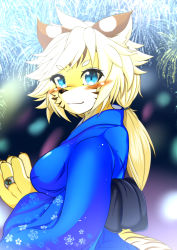 Rule 34 | 1girl, animal ears, animal hands, blue eyes, blue kimono, blush, breasts, claws, female focus, fireworks, from side, fullbokko heroes, furry, furry female, hair tie, hands up, highres, japanese clothes, jewelry, kimono, large breasts, long sleeves, megane inu, obi, outdoors, own hands together, ponytail, ring, sash, simple background, smile, solo, upper body, zhang fei (fullbokko heroes)
