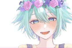 Rule 34 | 1boy, 7hinode, basil (headspace) (omori), basil (omori), blush, close-up, flower, green eyes, green hair, head wreath, looking at viewer, omori, open mouth, overalls, shirt, short hair, simple background, smile, solo, teeth, tongue, upper body, white background, yellow shirt