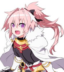 Rule 34 | 1boy, :d, armor, astolfo (fate), cape, fang, fate/apocrypha, fate (series), fur trim, gauntlets, hair between eyes, leaning forward, long hair, looking at viewer, male focus, onsoku inu, open mouth, pink hair, ponytail, purple eyes, shirt, simple background, smile, solo, standing, upper body, vambraces, white background, white cape